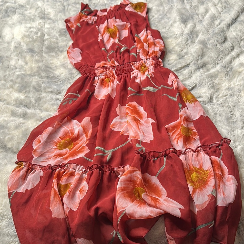 Red and Pink Floral Jumpsuit with Flowing Chiffon